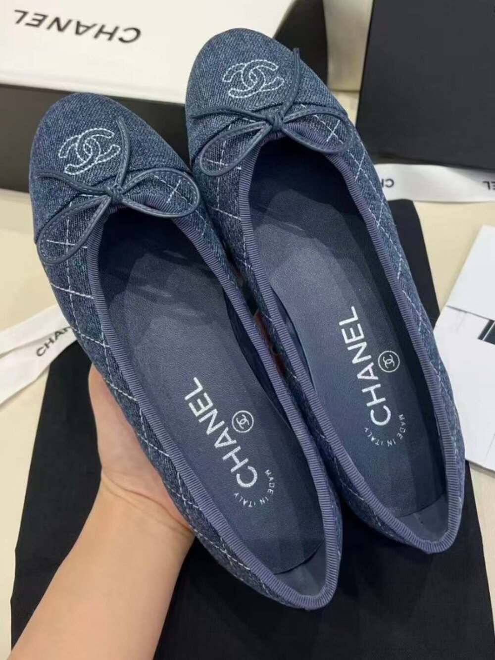 Chanel Denim Quilted CC Logo Bow Ballet Flats